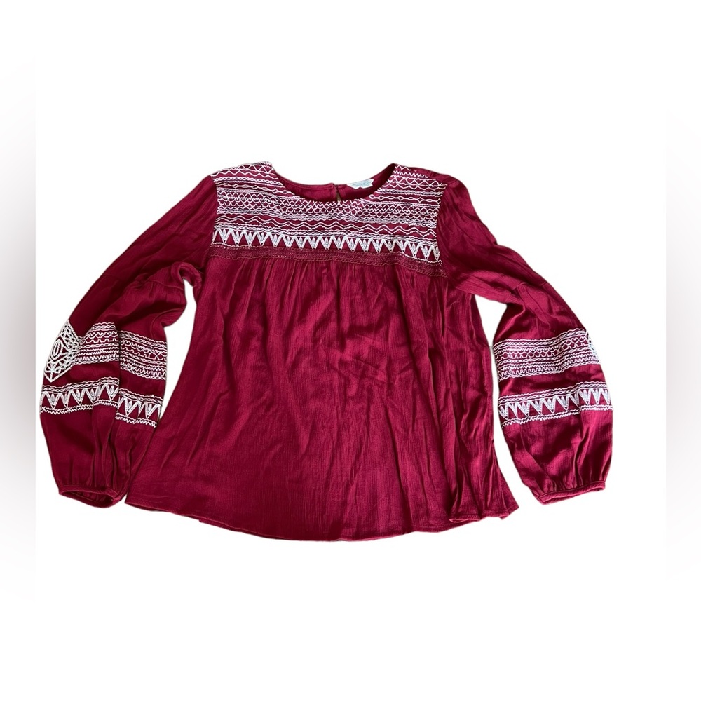 Blue‎ Rain blouse cranberry with white embroidery details. Size Medium